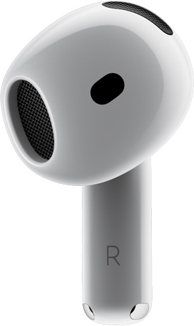 En AirPods 4 set forfra, mens der peges p? Formidabel pasform.