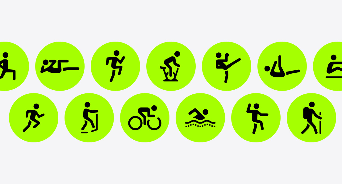 Symboler, som repr?senterer de forskellige tr?ningstyper i appen Tr?ning.